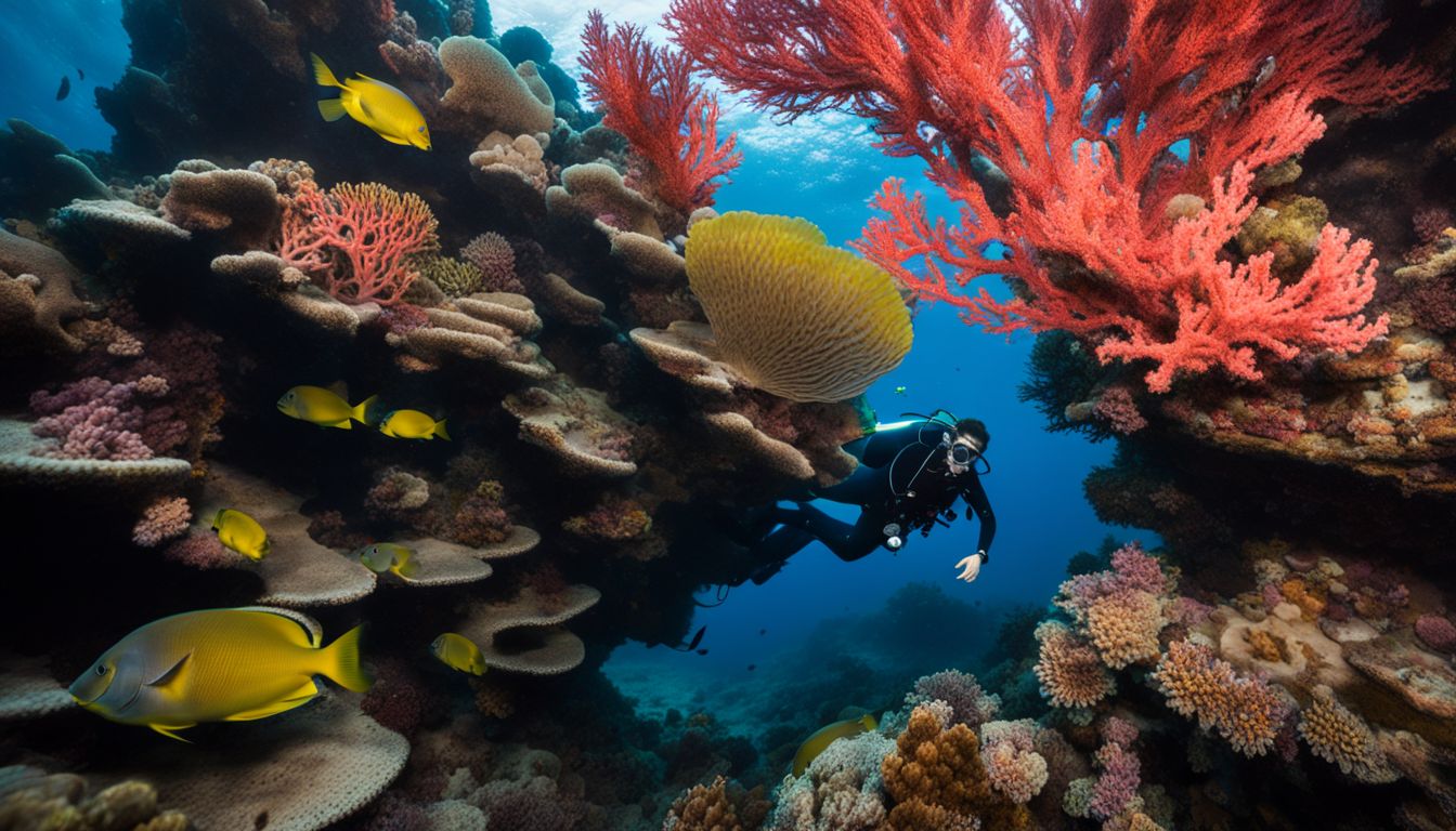 A diver explores a vibrant coral reef at Sail Rock, capturing the bustling underwater atmosphere with crystal clear detail.