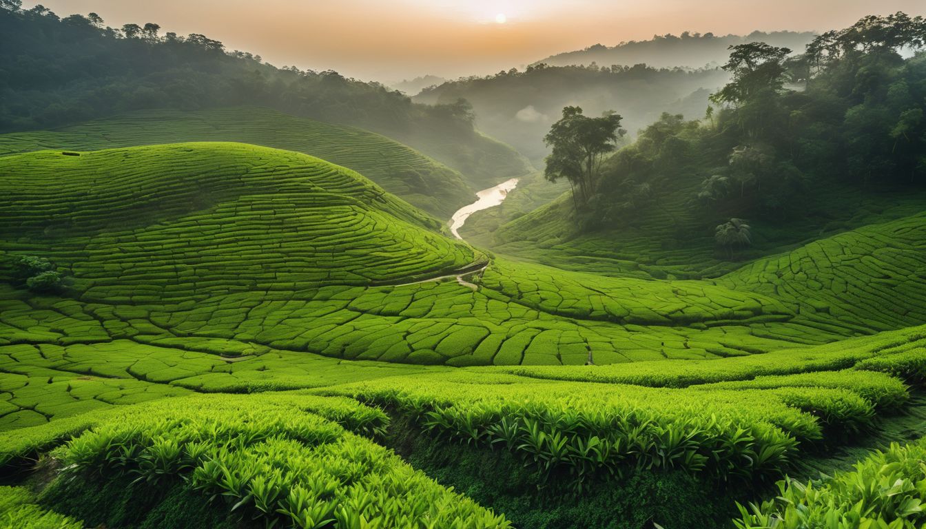 A group of diverse tourists explore the scenic beauty of Sylhet surrounded by lush green tea gardens.