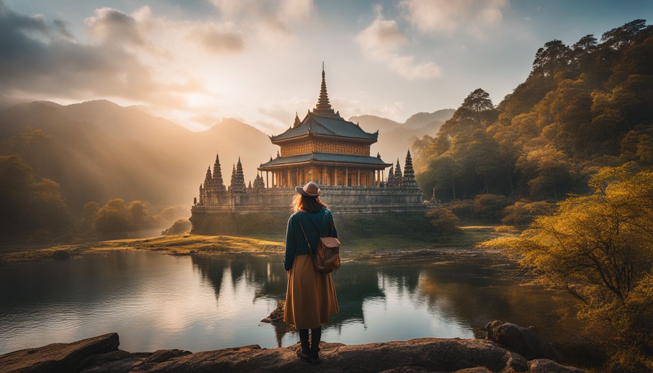 A tourist admires a beautiful temple in a serene environment with a bustling atmosphere.