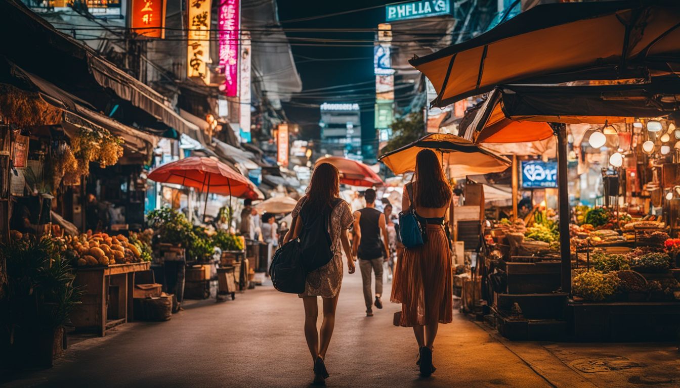 A couple explores the vibrant streets of Bangkok, capturing the bustling atmosphere with their cameras.
