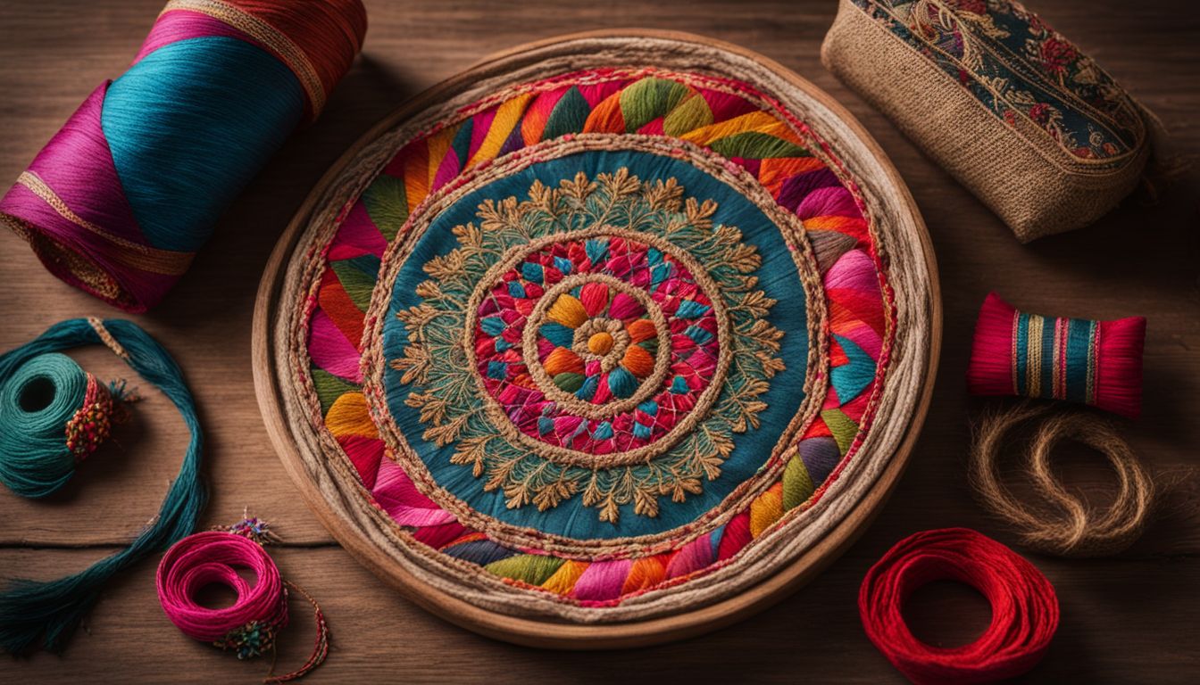 The photo showcases vibrant Nakshi Kantha embroidery surrounded by jute accessories.