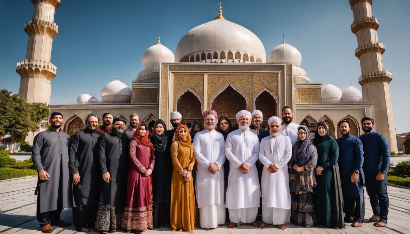 A diverse group of people stand in front of the Baitul Mukarram Mosque in a bustling atmosphere.