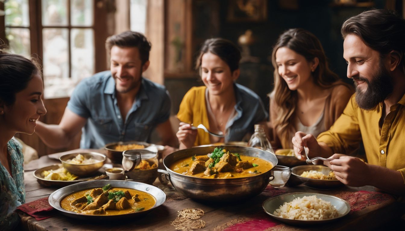 A family enjoys a traditional fish curry meal together in a bustling atmosphere.
