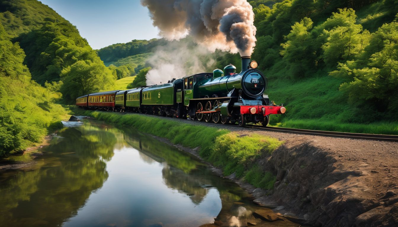 A classic steam train passes through a lush green countryside, with a variety of people and a bustling atmosphere.
