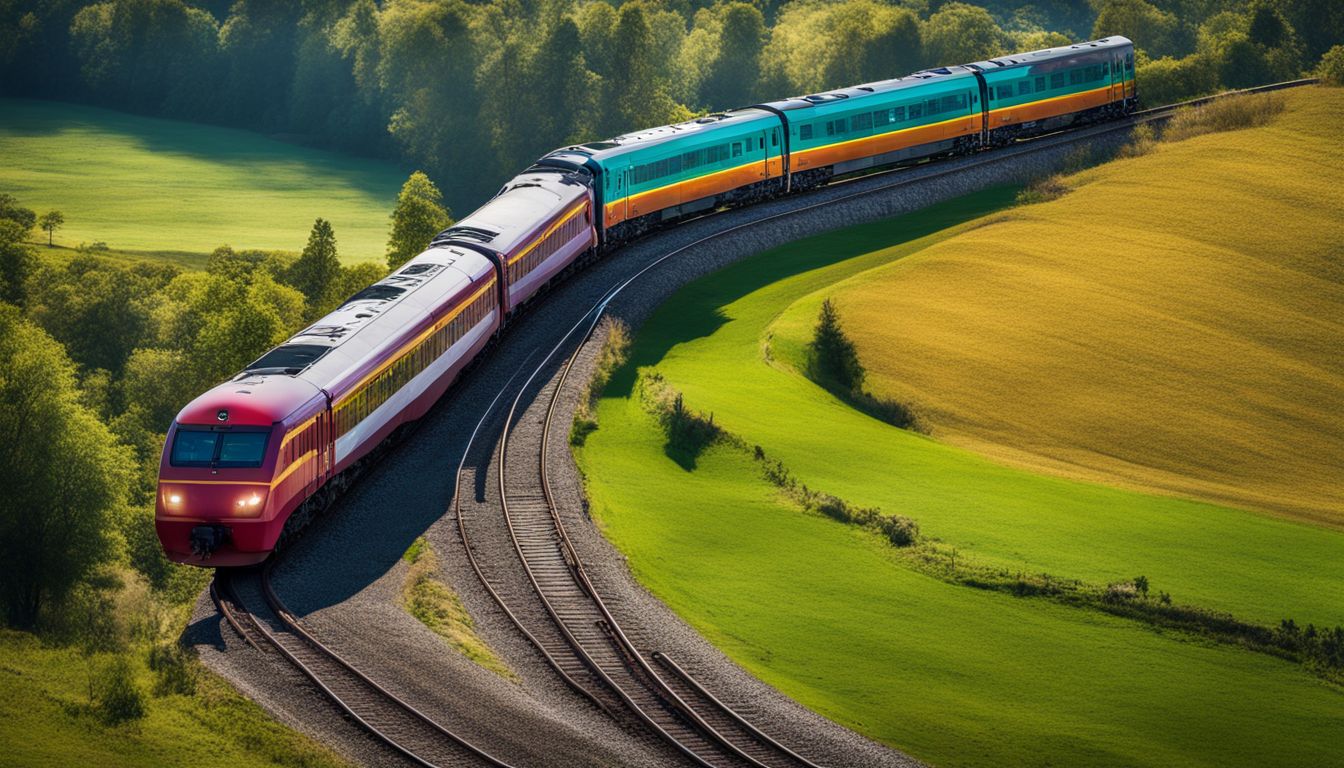 A vibrant train travels through a picturesque countryside with a diverse group of people in various outfits.