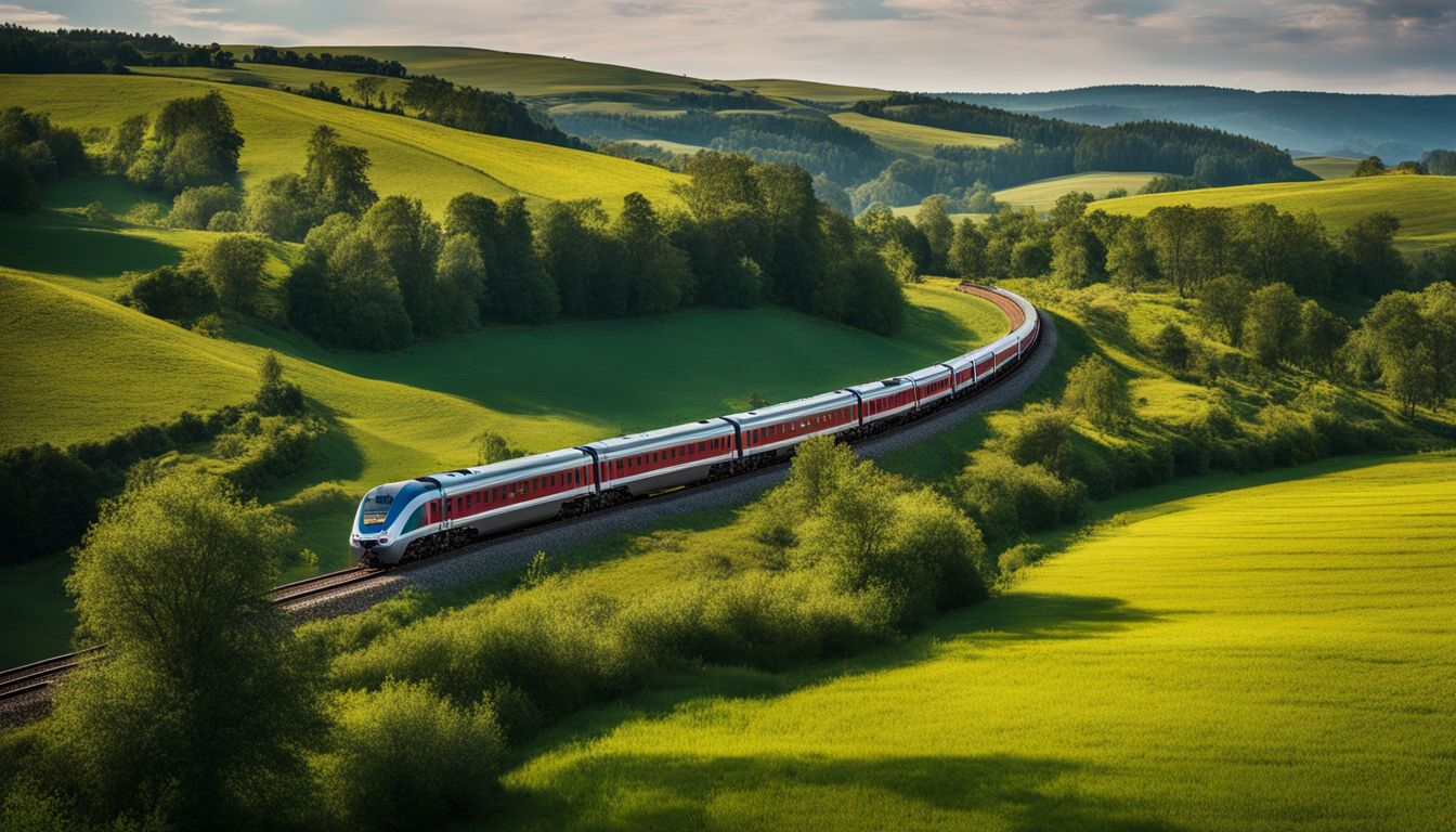 A train travels through a scenic countryside capturing the beauty of train travel along the way.