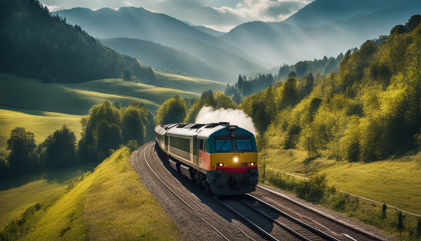 A fast train zooms through a beautiful countryside landscape, capturing the bustling atmosphere of the scene.