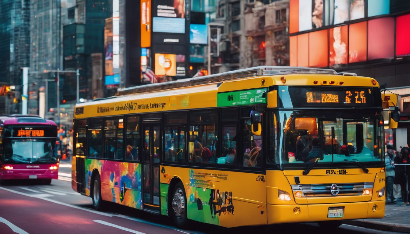 A diverse group of people boarding a colorful bus in a bustling cityscape.