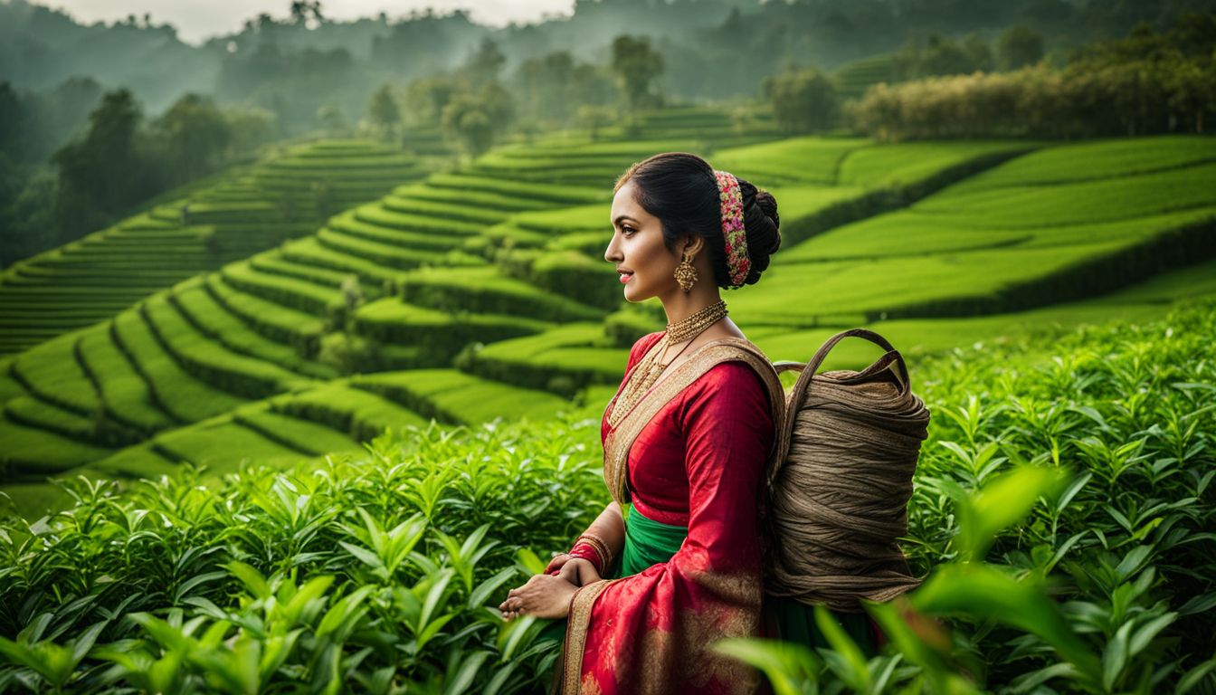 A woman in traditional Bangladeshi attire poses in a lush green tea garden with a bustling atmosphere.