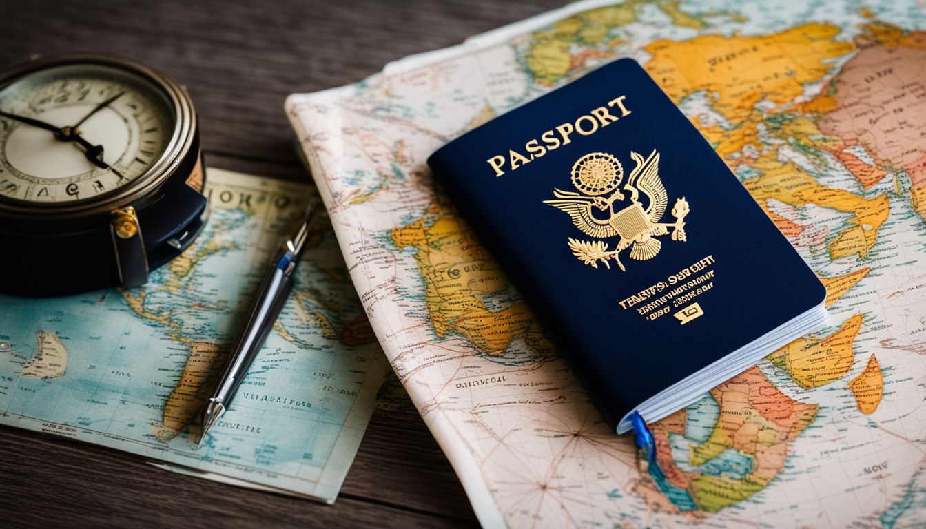 A photo showcasing travel essentials like a passport and plane ticket, along with a world map and clock displaying different time zones, featuring diverse individuals with various hairstyles and outfits.