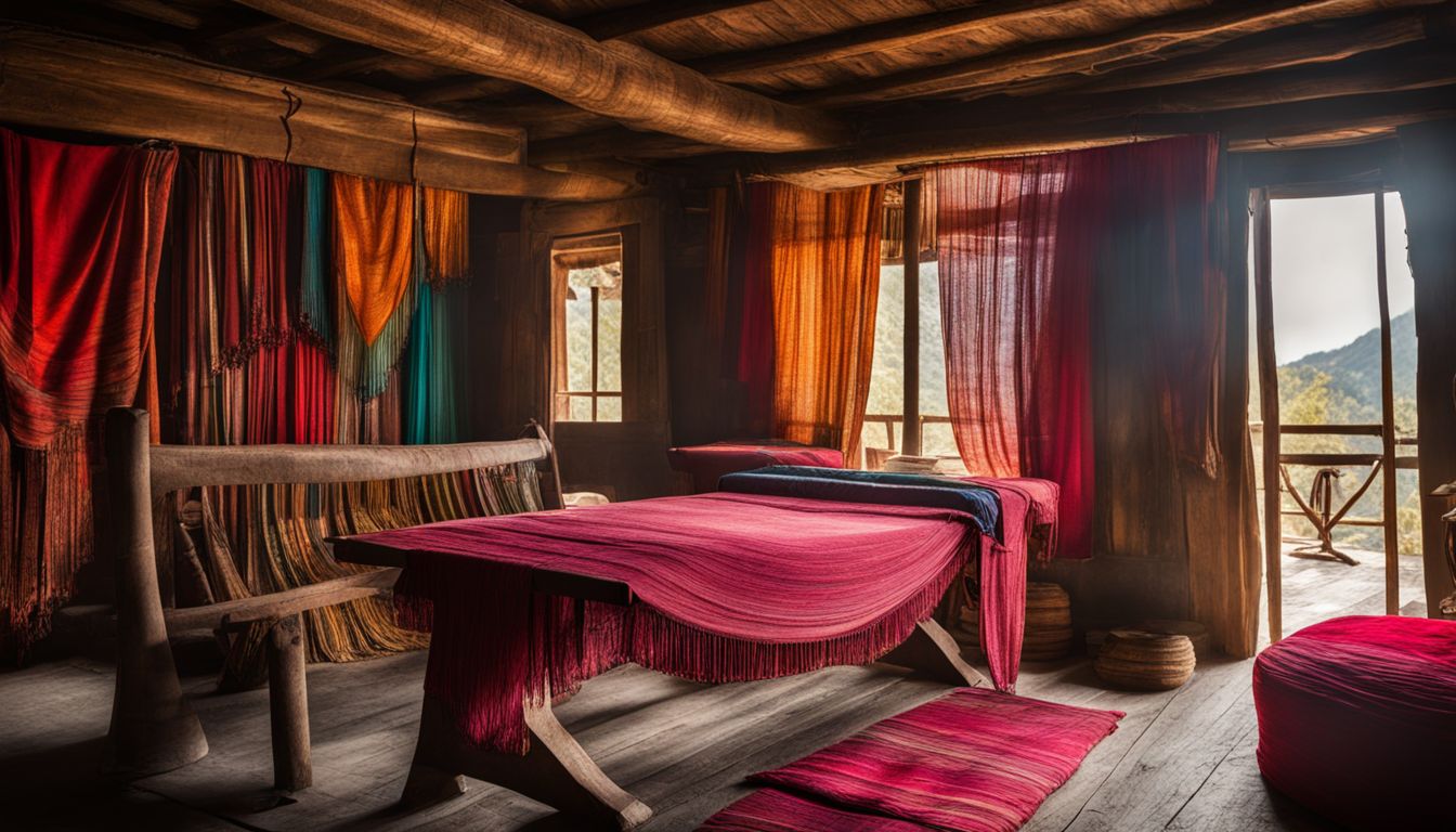 A vibrant photograph showcasing various people and beautiful handloom fabrics and silks draped over rustic furniture.