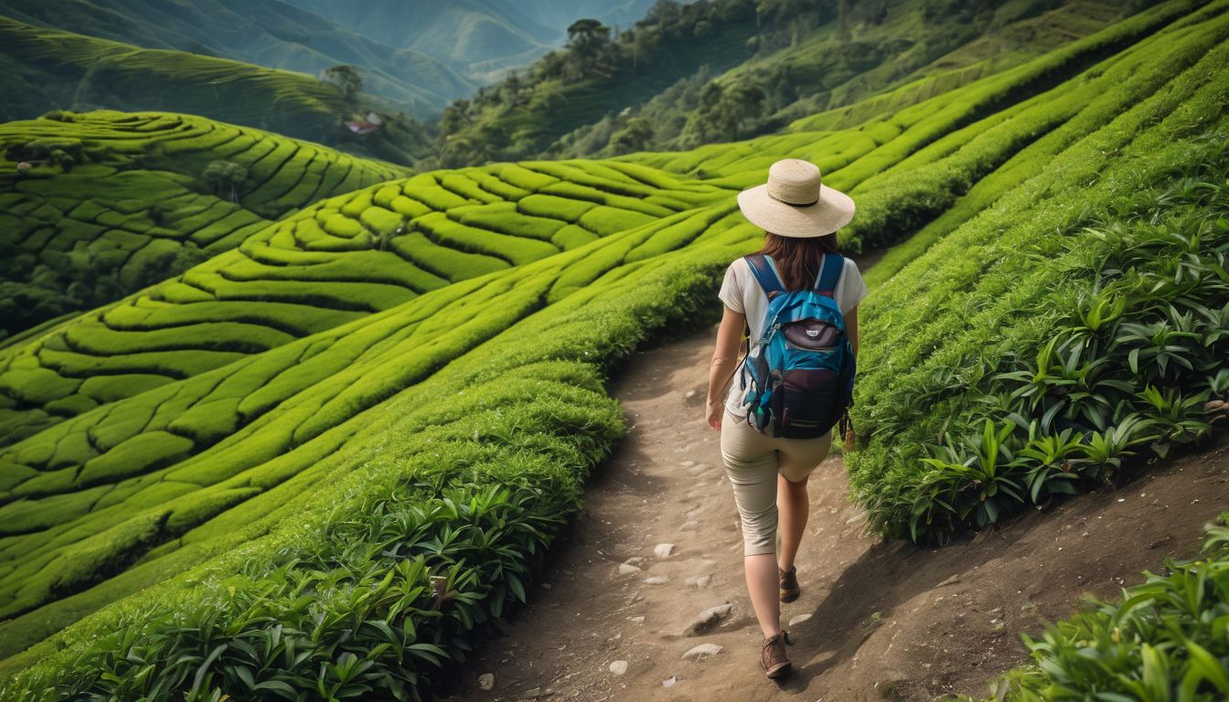 A woman explores lush tea gardens surrounded by rolling hills in a bustling atmosphere.