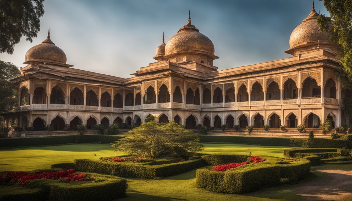 A panoramic shot of the Tajhat Palace showcasing its grandeur, unique architecture, and bustling atmosphere.