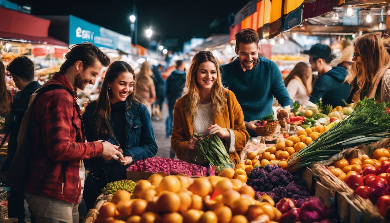 A group of friends joyfully explore a vibrant local market, capturing the colorful atmosphere and bustling atmosphere.