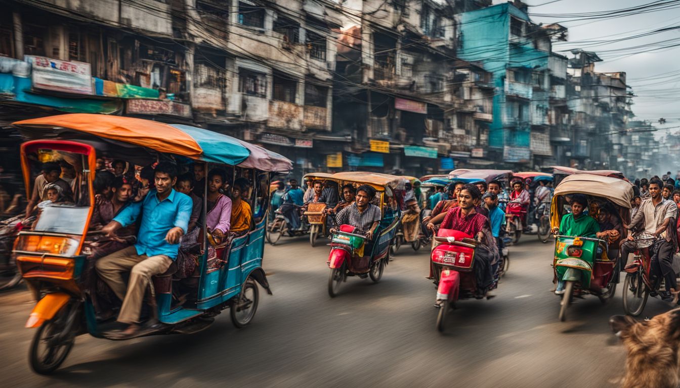 A crowded intersection in Bangladesh with colorful rickshaws and a bustling atmosphere.