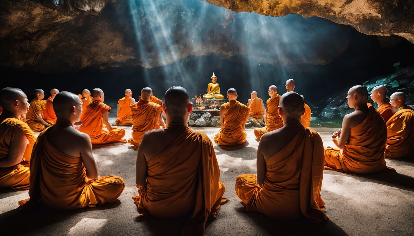 A group of Buddhist monks meditating inside a cave, capturing the peacefulness and spiritual ambiance.