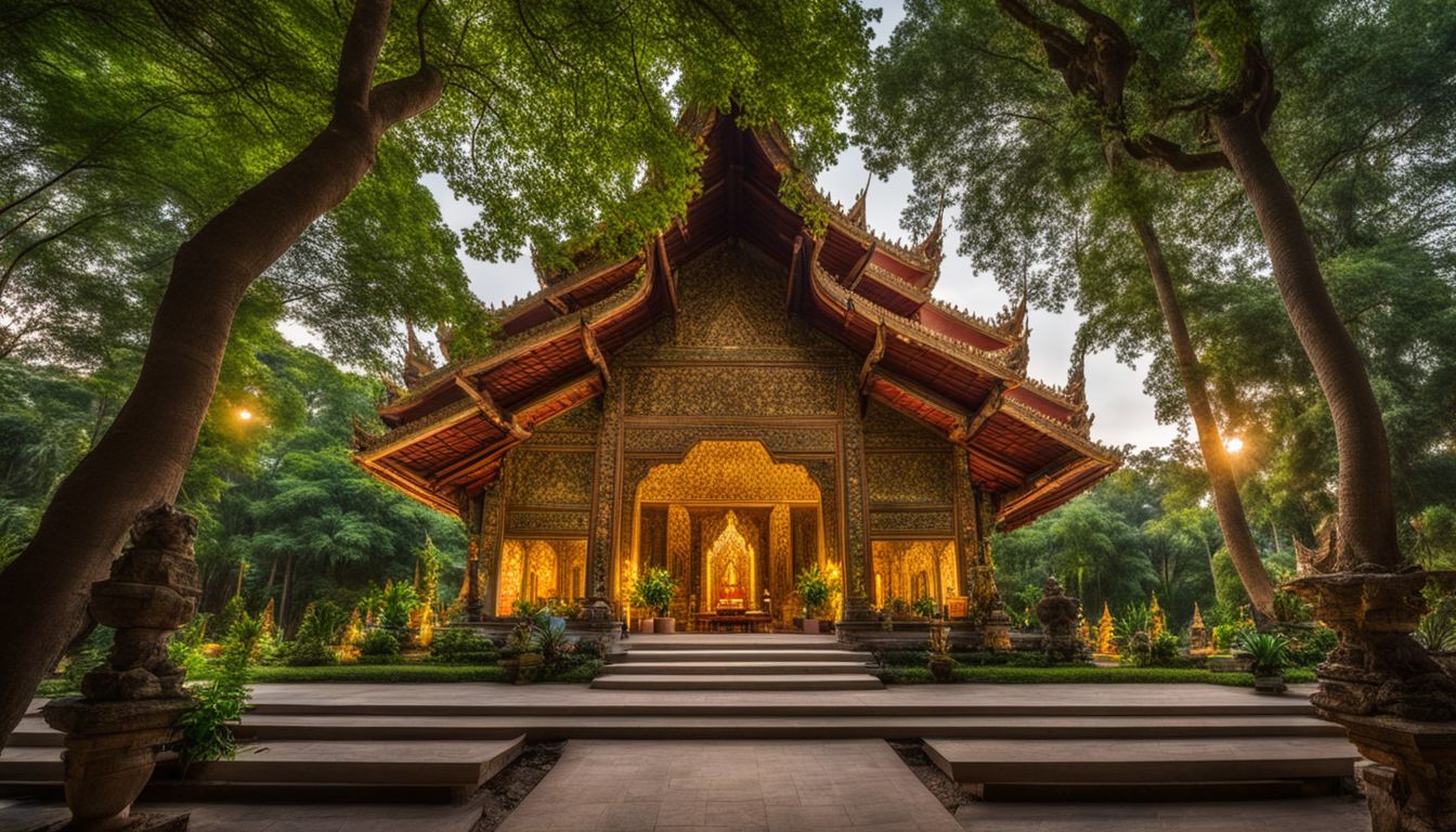 A photo of the beautifully-designed ordination hall of Wat Bowonniwet surrounded by lush gardens and a bustling atmosphere.