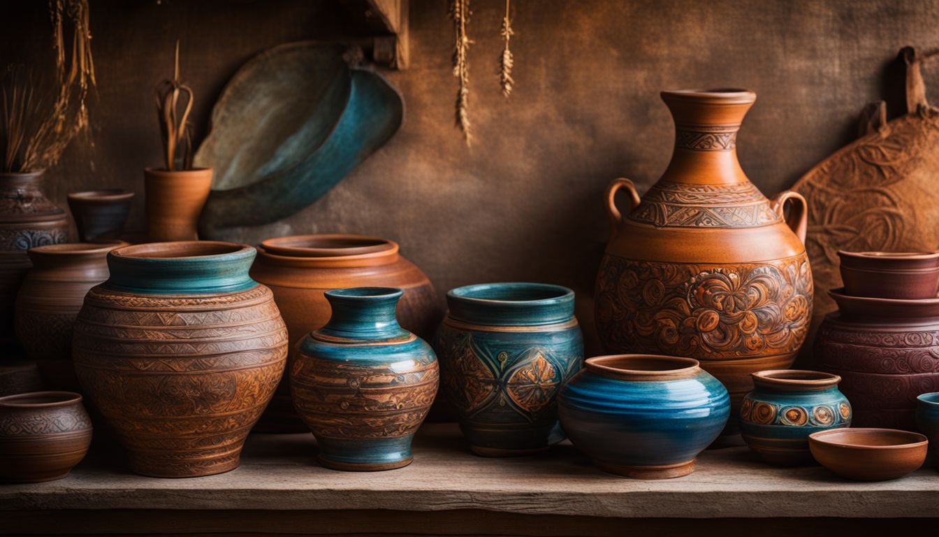 A photo of vibrant clay pottery showcased on a rustic wooden shelf with intricate designs and various styles.