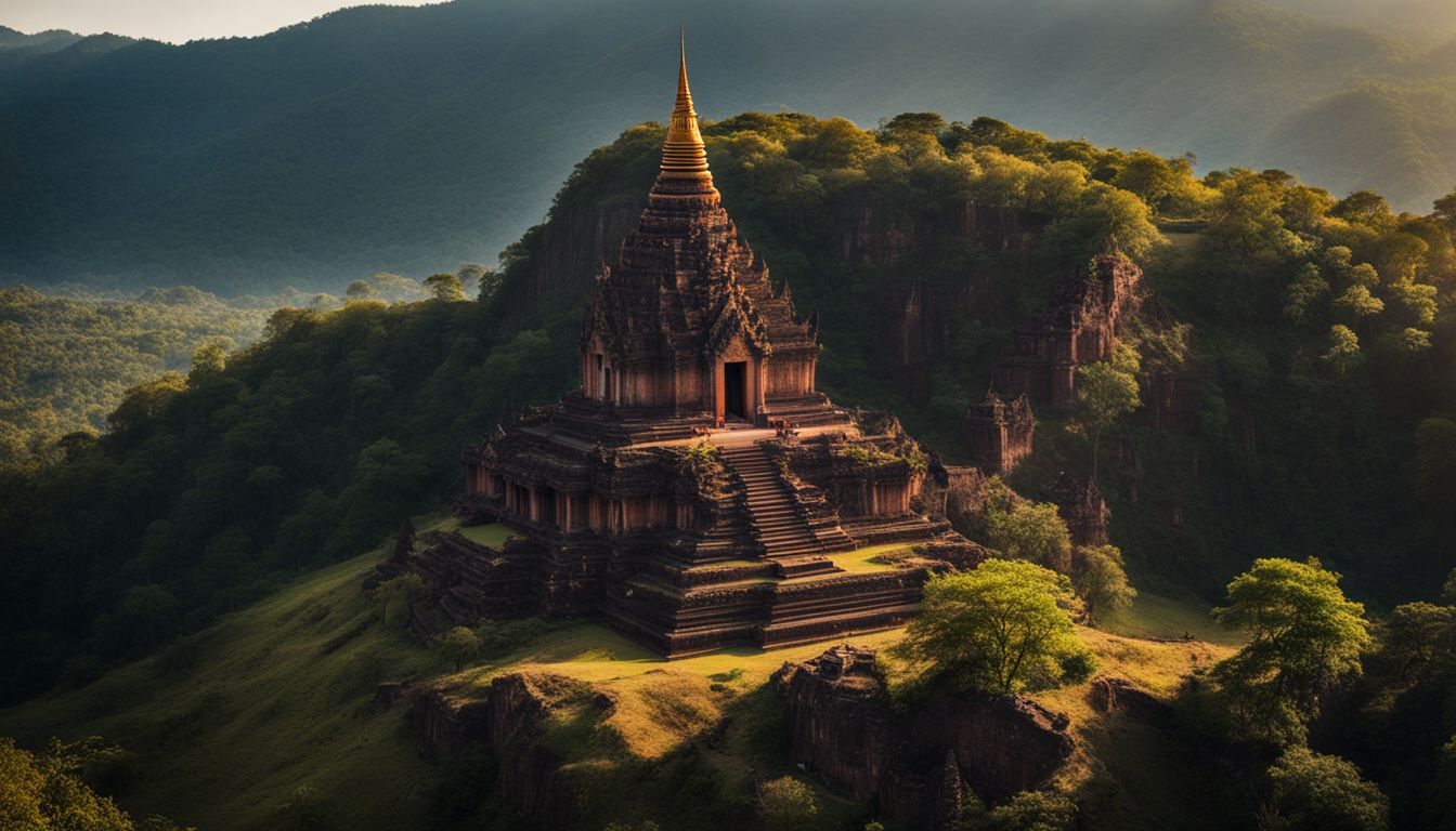 The photo captures the stunning temple of Wat Phu Tok standing atop a rugged landscape.