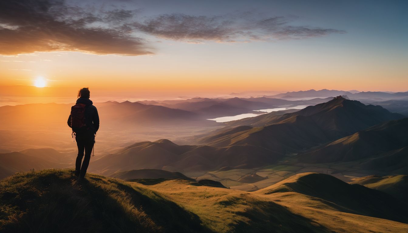 A silhouette watches the sunrise and sunset from a hilltop, capturing the beauty of nature with a camera.