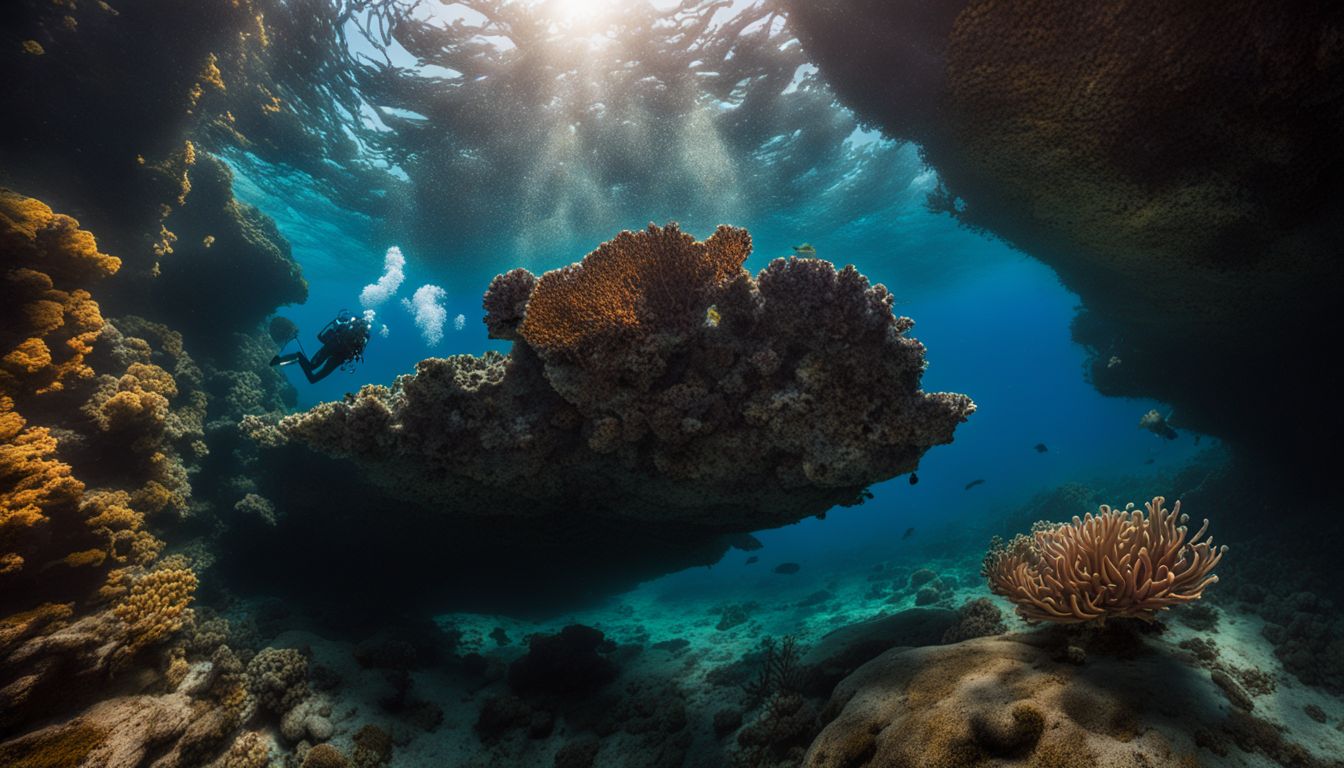 A scuba diver explores the vibrant marine life around the unique underwater pinnacle at Sail Rock.