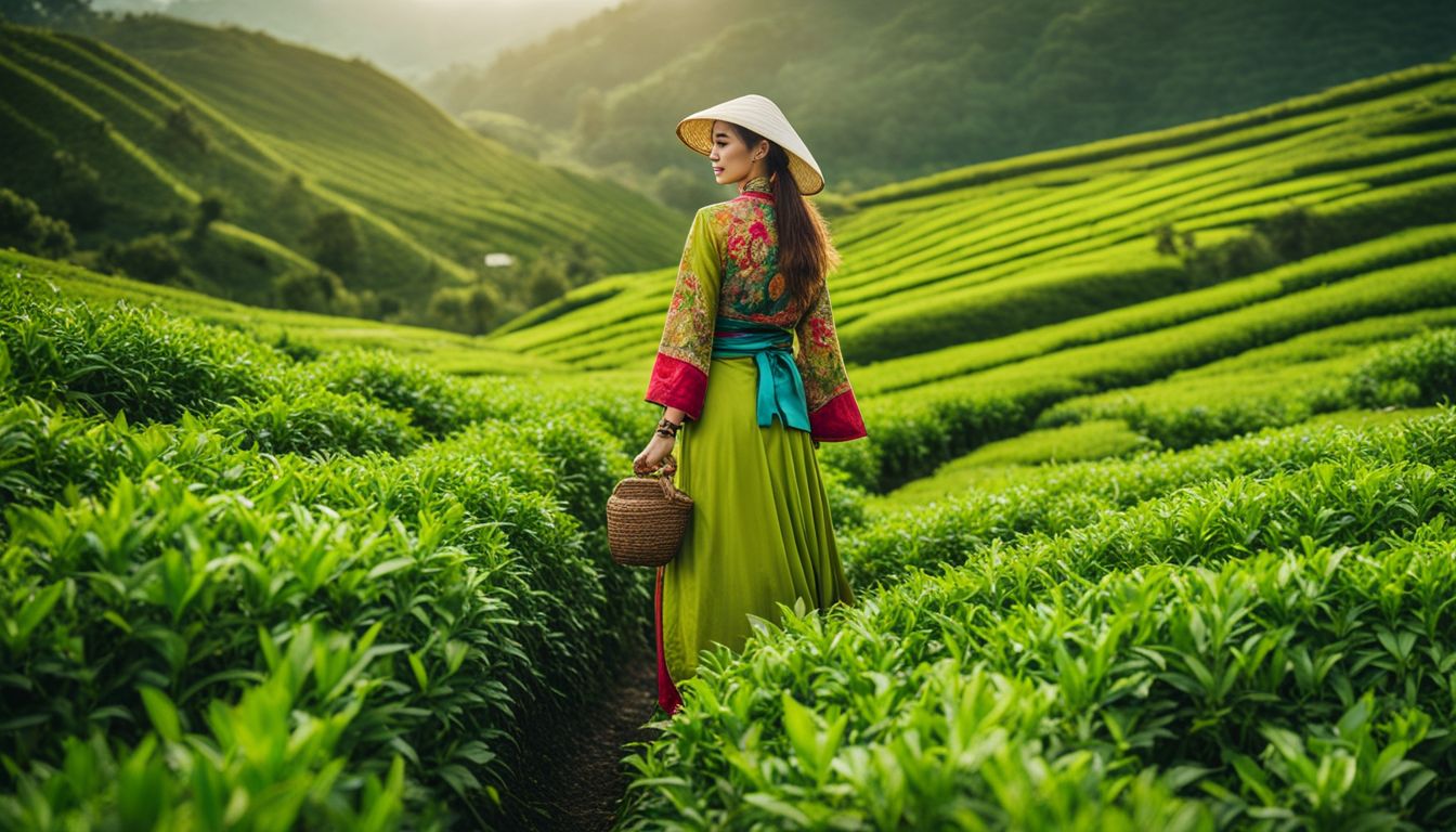 A woman in traditional attire walking through a vibrant green tea plantation in a bustling atmosphere.