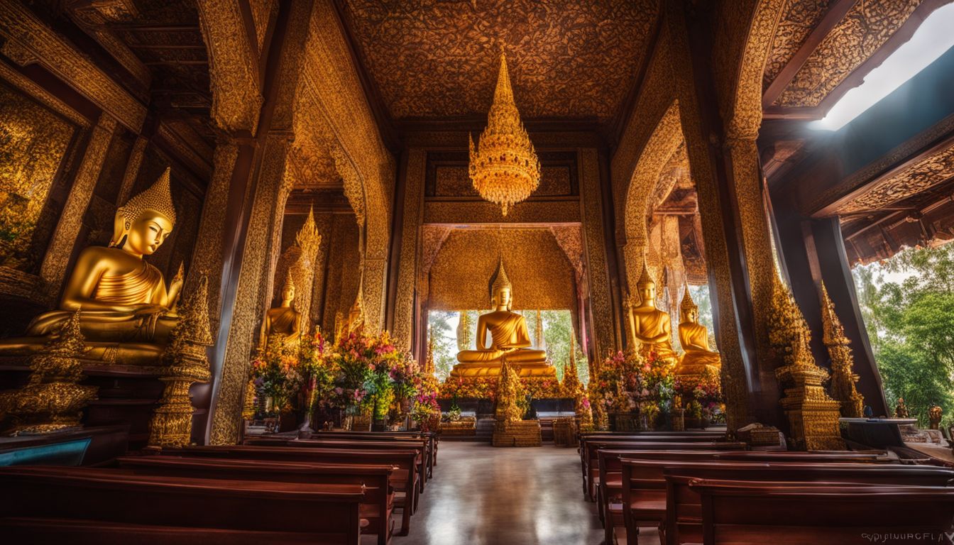 A photo of a traditional Thai temple featuring a golden Buddha statue surrounded by lotus flowers.