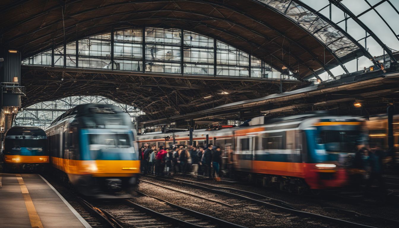 A bustling train station with diverse people and trains coming and going, captured in high-quality, detailed photography.