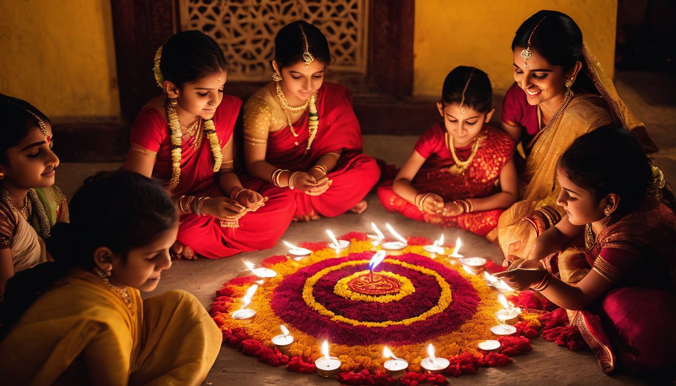Children dressed in traditional attire celebrate Diwali, lighting diyas and creating rangoli with joyous customs.