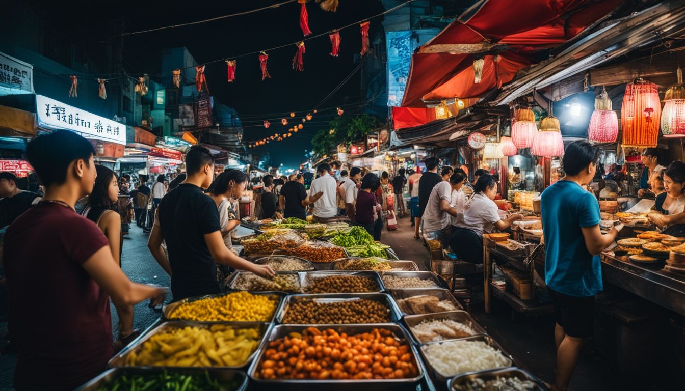 A vibrant photo of bustling street food stalls and markets in Bangkok's Chinatown at night.