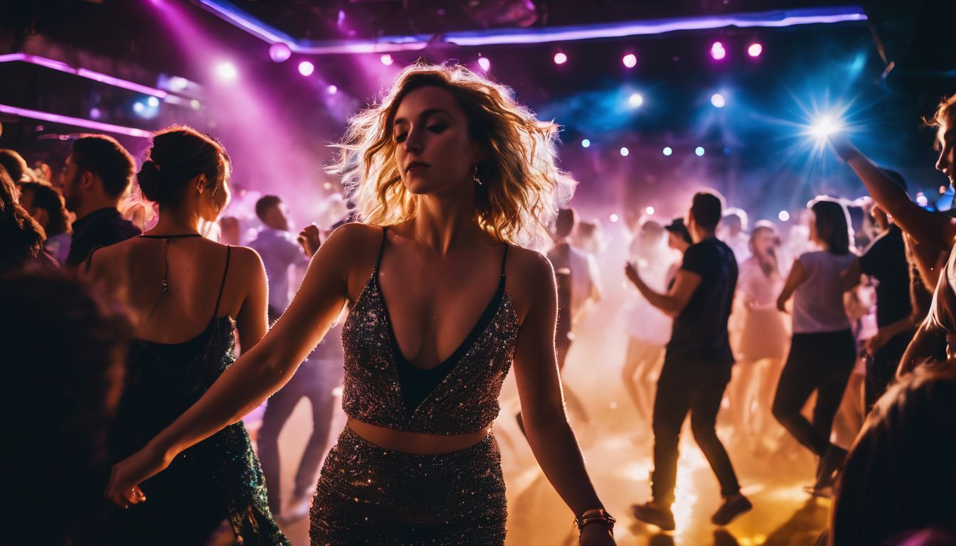 A vibrant nightclub scene captures people dancing in a bustling atmosphere, surrounded by colorful lights and cityscape.