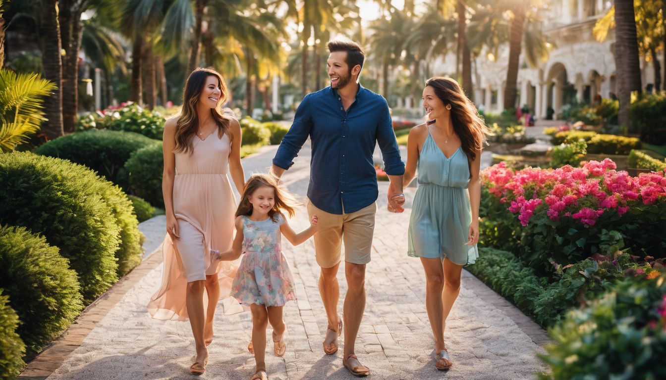 A family of four happily exploring a resort's beautiful gardens, captured in a vibrant and cinematic photo.
