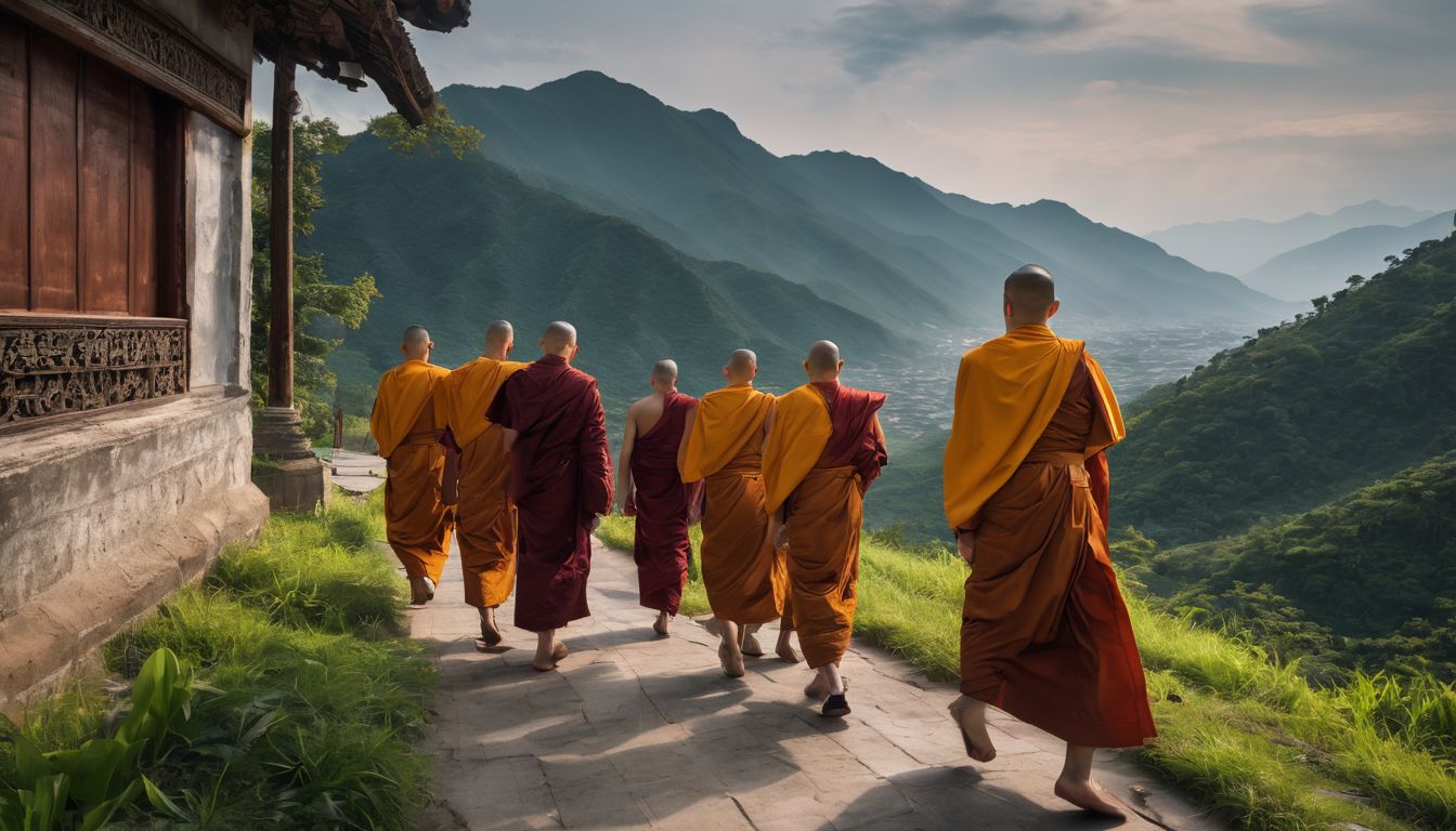 A group of monks walk towards newly added Viharns in a bustling cityscape setting.