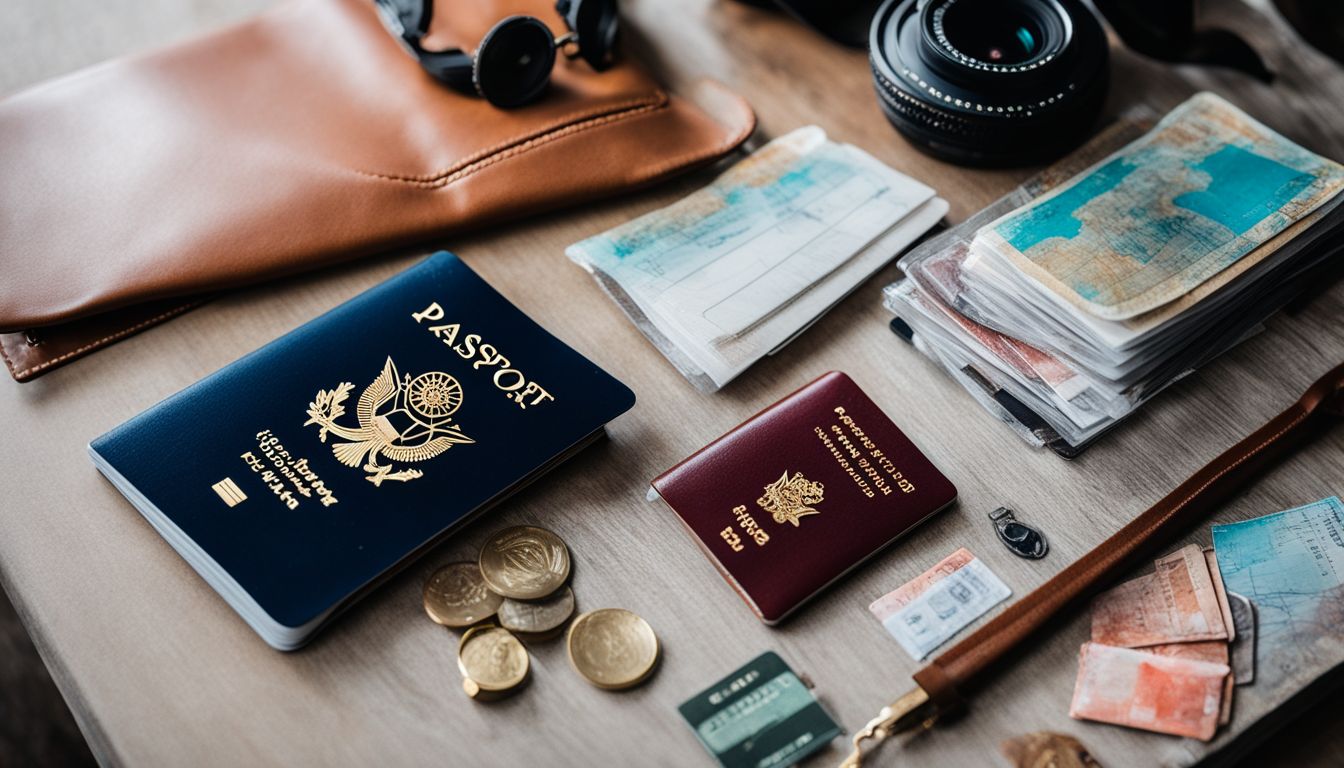 A passport surrounded by travel essentials in a bustling atmosphere, captured with a high-quality camera.