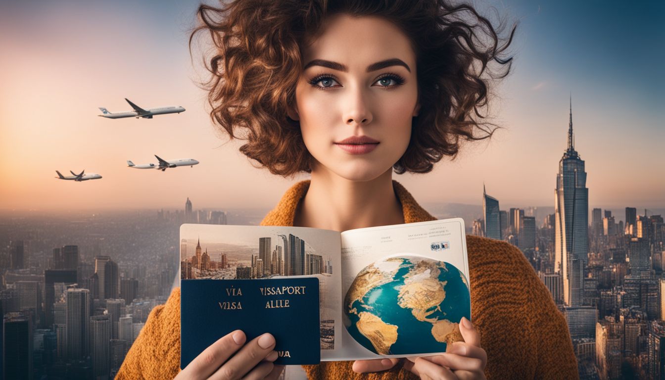 An international traveler holding a passport with visa stamps in front of a globe and cityscape.