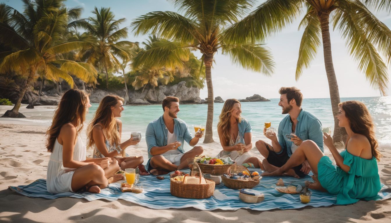 A diverse group of friends enjoy a beach picnic in a vibrant and beautiful location.