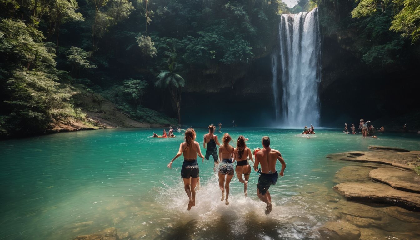 A diverse group of friends enjoy jumping into the crystal clear water at Ao Khlong Chao waterfall.