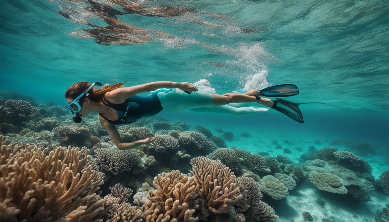 A person snorkeling in crystal clear turquoise waters surrounded by vibrant coral reefs and a bustling atmosphere.
