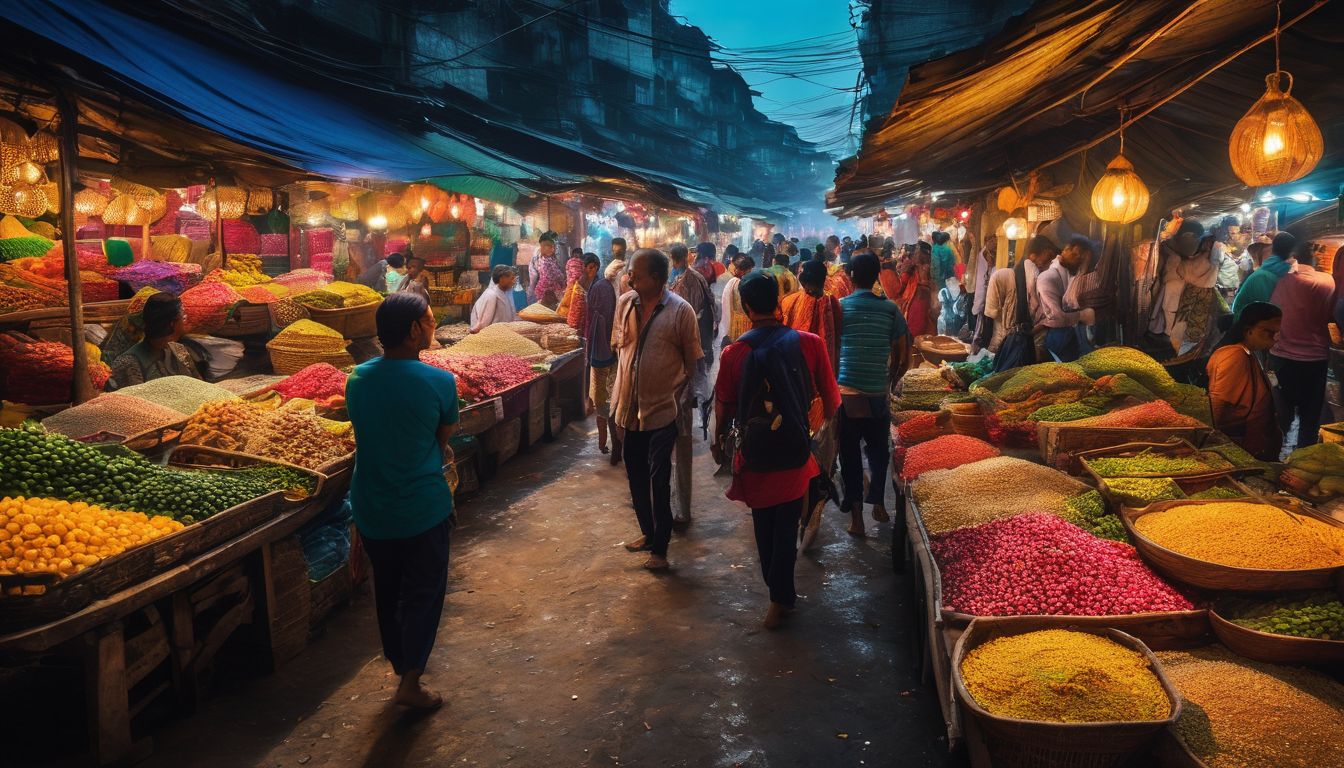 A diverse group of tourists explore a vibrant market in Bangladesh, captured with sharp focus and clear detail.