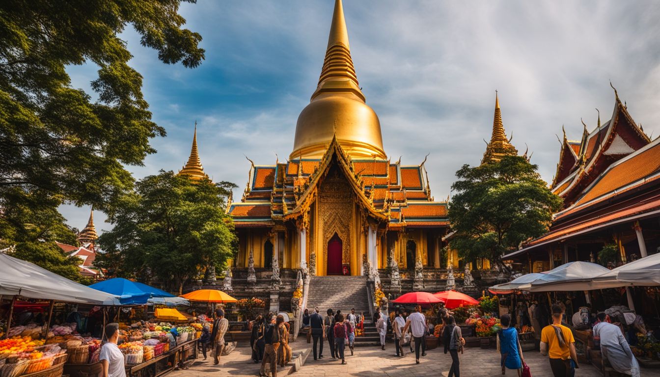 A vibrant cityscape photograph capturing the bustling atmosphere surrounding Wat Bowonniwet Vihara and its colorful markets.