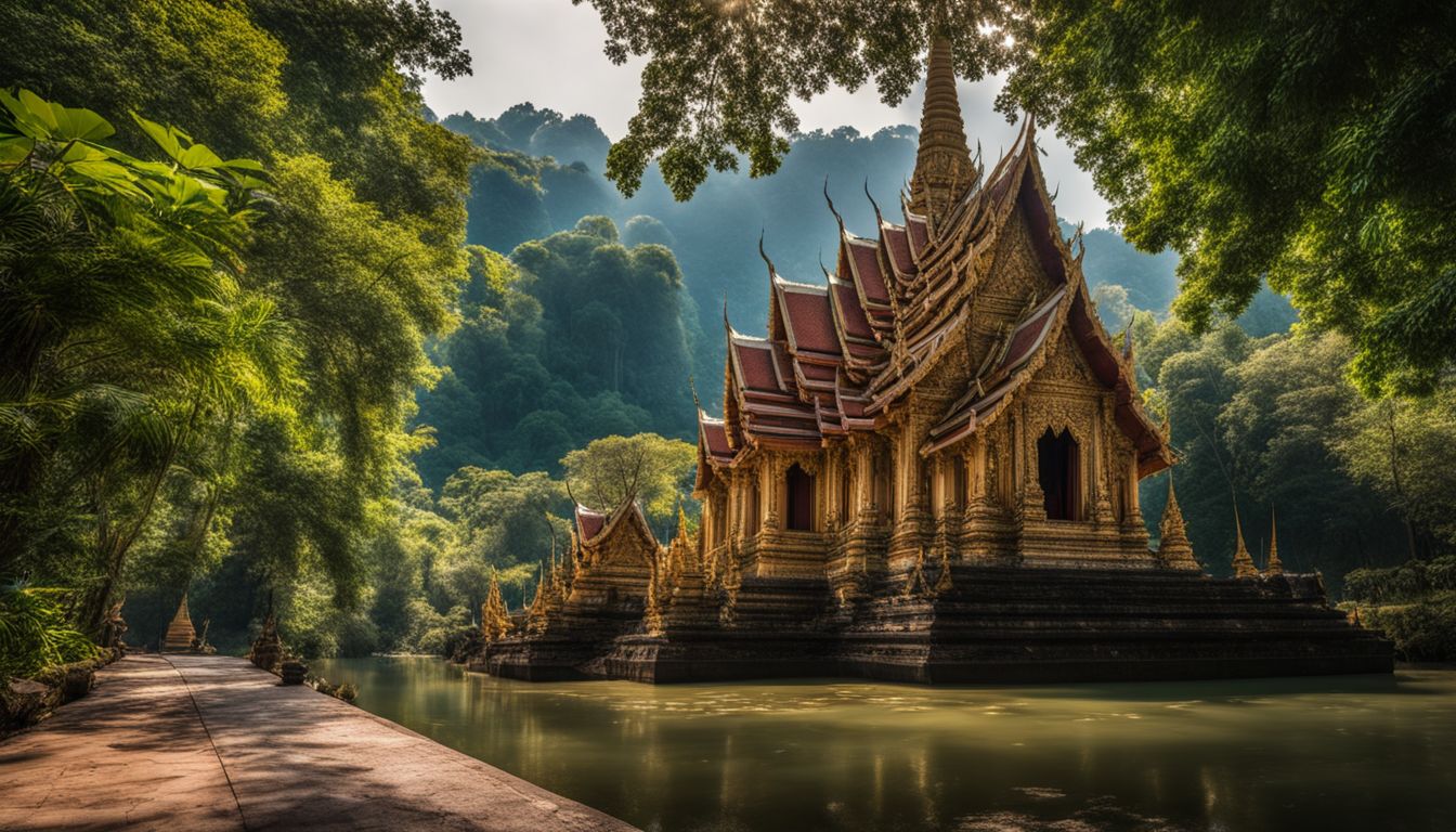 The photo captures the picturesque Wat Ao Noi surrounded by lush greenery, showcasing the bustling atmosphere and diverse individuals.