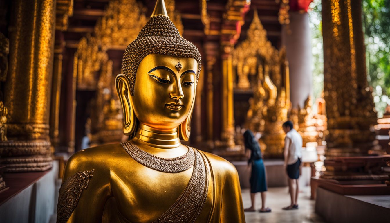 A photo of the sacred statue, Phra Phuttha Chinnasi, in the peaceful setting of Wat Bowonniwet Vihara.