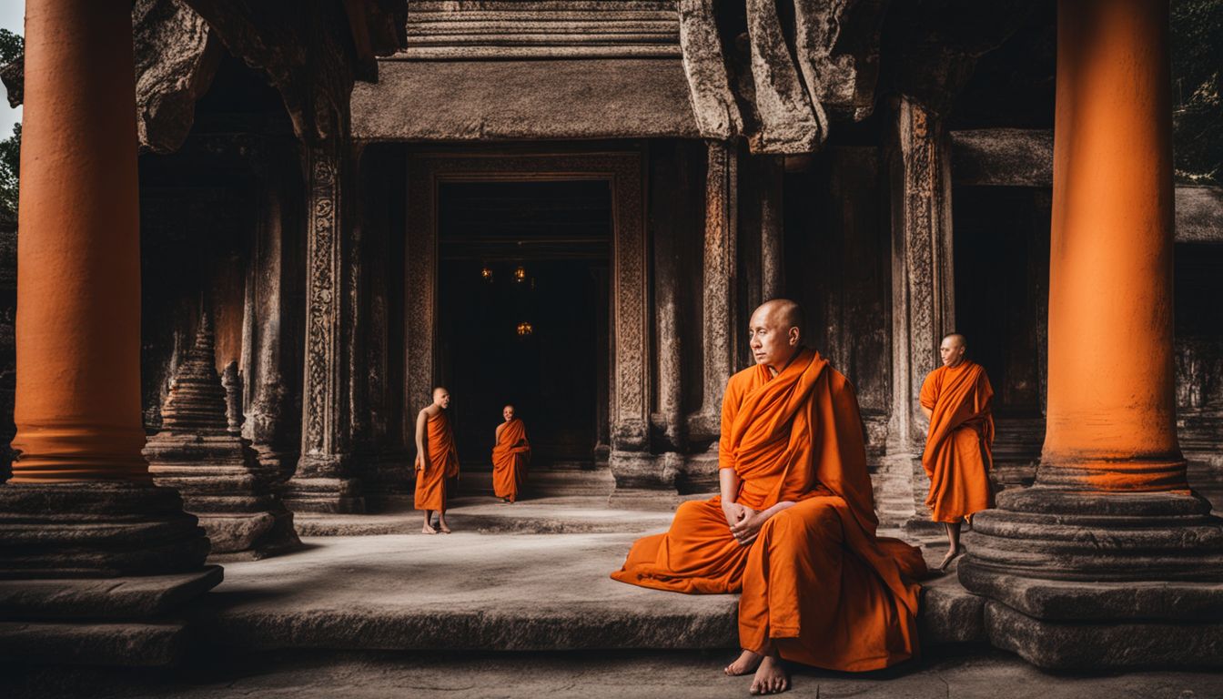 A photo of three monks in traditional orange robes standing in front of the prangs at Wat Si Sawai.