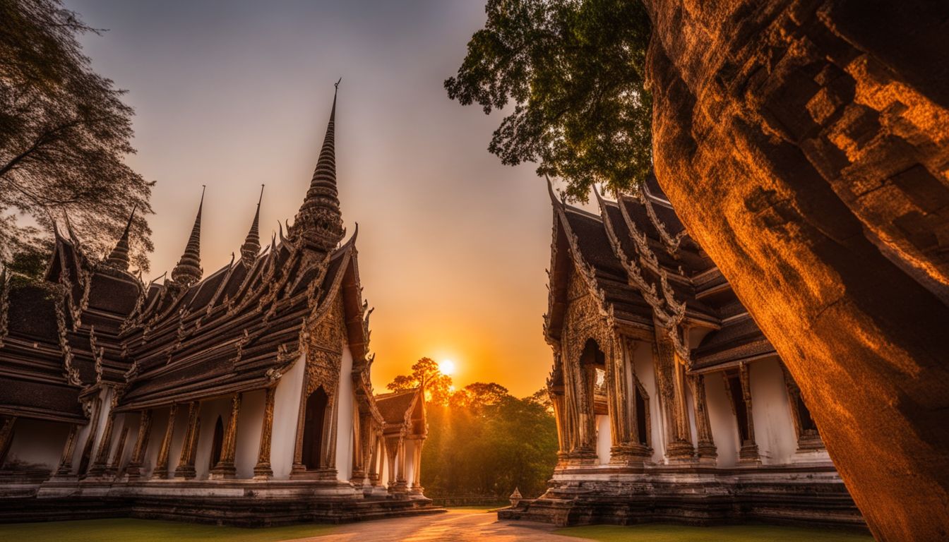 A stunning photograph showcasing the intricate architectural details of Wat Si Sawai against a vibrant Thai sunset.