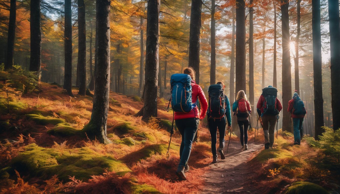 A diverse group of hikers explore a vibrant autumn forest in a well-lit and bustling atmosphere.