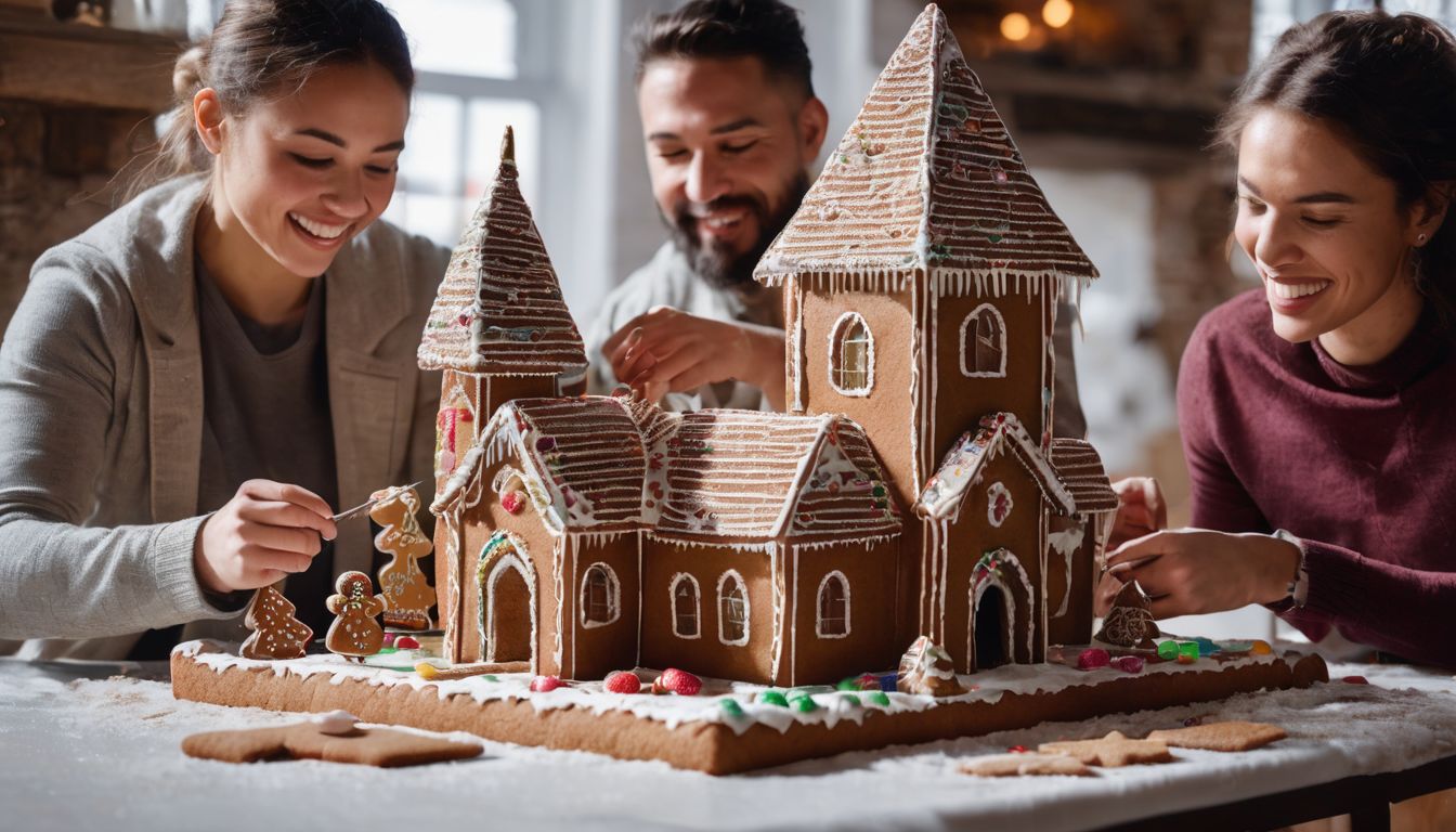 A group of people from diverse backgrounds collaborate to build a gingerbread mosque, using a kit.