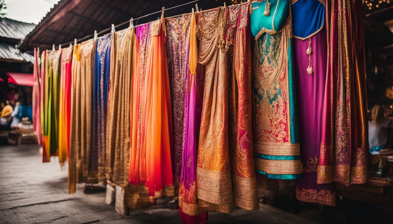 A vibrant photo of traditional Thai dance costumes hanging on a clothesline in a bustling street market.