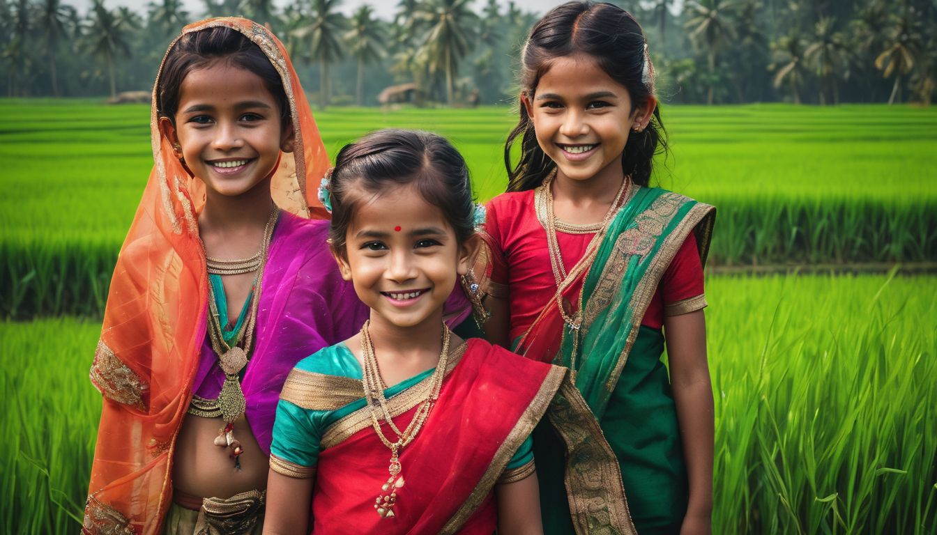A group of smiling children wearing traditional Bangladeshi clothes playing in a vibrant green rice field.