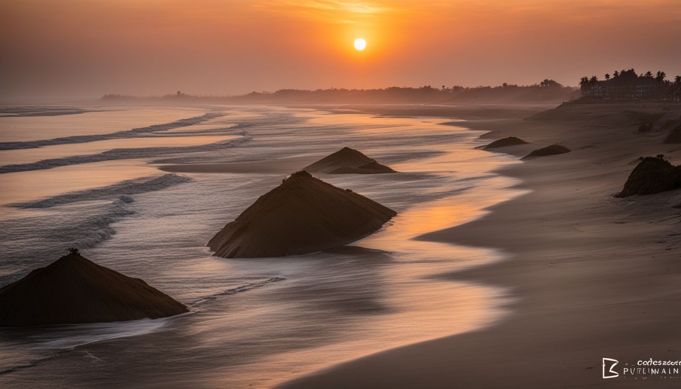 A picturesque sunset scene at Cox's Bazar Beach featuring a long stretch of sandy shores and bustling atmosphere.