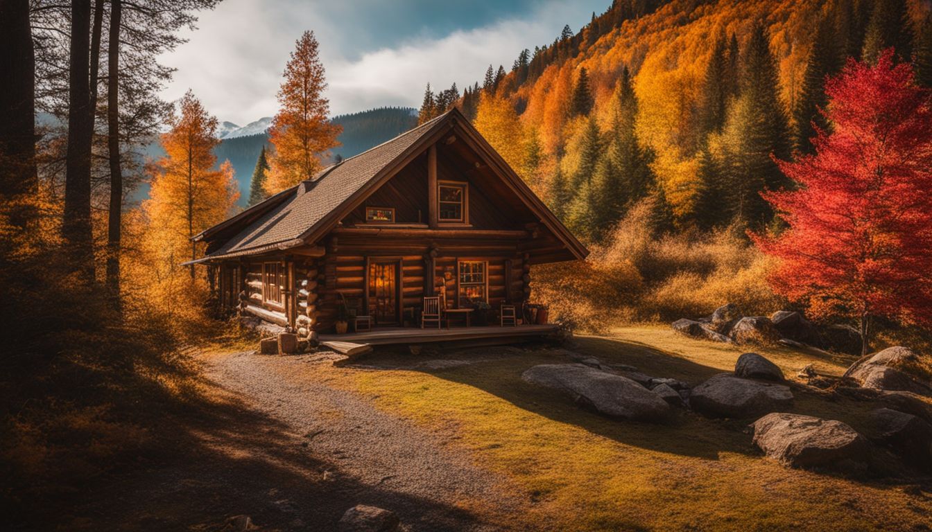A picturesque cabin in the mountains surrounded by vibrant autumn foliage.